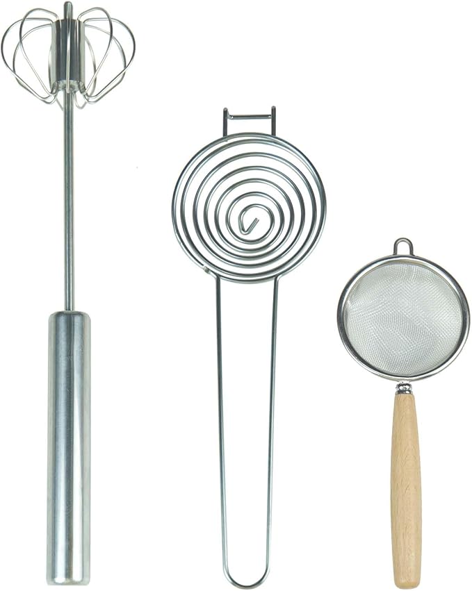 Kuars Gvni Stainless Steel Egg Whisk, Press-Type Rotating Whisk, Egg White Separator, Semi-Automatic Egg Beater, Fine Mesh Strainer, Egg Separator, 3-in-1 Kitchen Set for Baking and Cooking