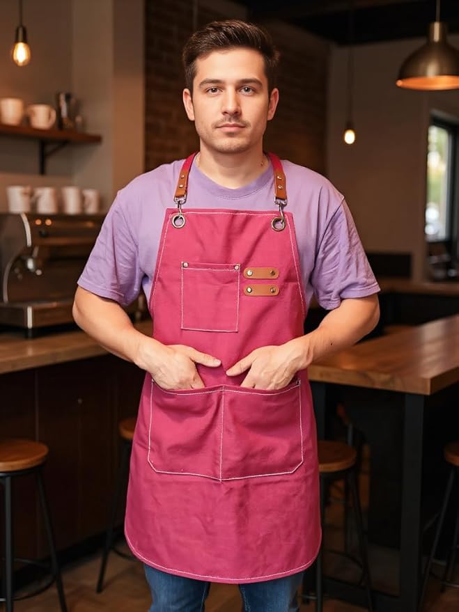 Chef Apron with Large Pockets for Women Men, Cotton Canvas Cross Back Water Repellent Adjustable Work Apron