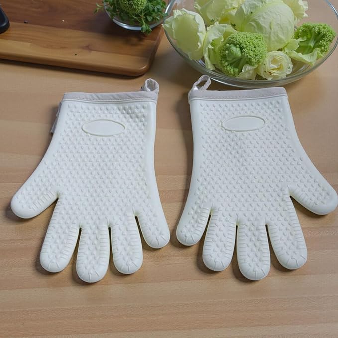 Extra Long Heat Resistant Silicone Oven Mitts Set, Non-Slip Cooking Gloves with Quilted Cotton Liner, Flexible Waterproof Pot Holders for Baking, BBQ, Grilling – 2-Pack (Creamy White)