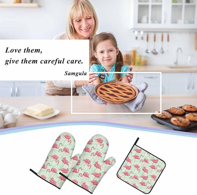 Pink Flamingo Oven Mitts and Pot Holders Sets Palm Leaves Tropical Animal Heat Resistant 3pcs for Cooking Baking BBQ