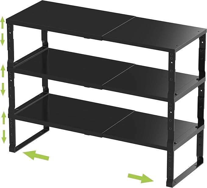 Jojocross Expandable Stackable Spice Rack Organizer for Kitchen Cabinet,Adjustable Counter Shelf, countertop, Pantry,Cupboard,Bathroom,Bedroom(3Packs/Black/Large)