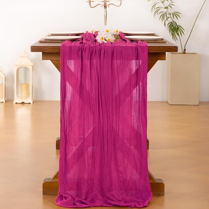 Socomi 10pcs Hot Pink Cheesecloth Table Runner Fuchsia Boho Rustic Gauze 120 inch 10FT Cheese Cloth Runner for Wedding Party Baby Shower Birthday Home Decor Holiday Decorations