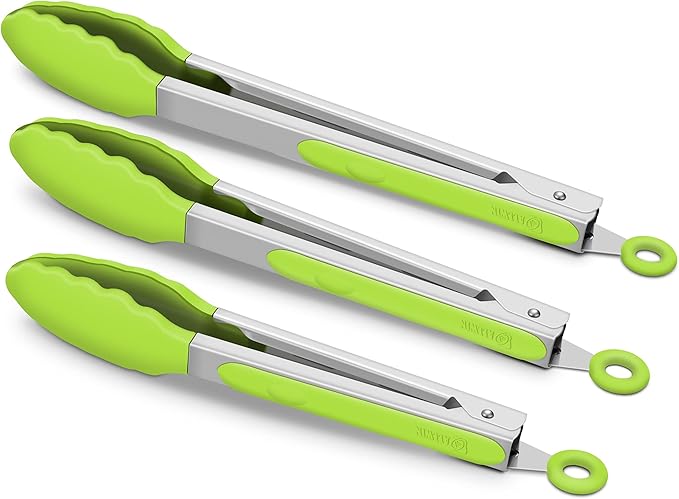 3 Pack Green Kitchen Tongs, Premium Silicone BPA Free Non-Stick Stainless Steel BBQ Cooking Grilling Locking Food Tongs, 9-Inch 10-Inch & 12-Inch