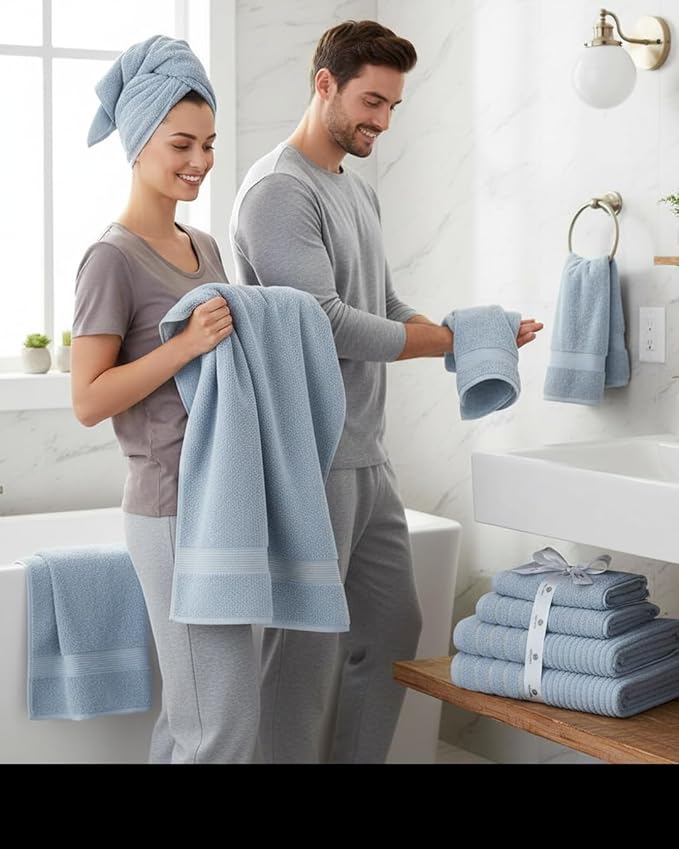 BIOLINEN Sky 6-Piece Luxury Cotton Towel Set - 2 Bath Towels, 2 Hand Towels, 2 Washcloths - Soft Absorbent Towel Pack for Bathroom, Home, Gym & Travel