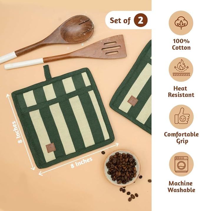 Folkulture Pot Holders for Kitchen | Pack of 2 (8x8) Ribbed Soft Silicone Hot Pads for Kitchen | 100% Cotton Cute Oven Pot Holders Set | Heat Resistant | Machine Washable | Non Slip | Matcha