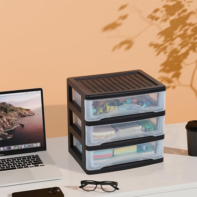 BYCY 3 Drawer Clear Stacking Desktop Organizer, Plastic Drawer Storage Container for Stationery Art Craft Supplies, Stackable Storage Drawers Make up Organizer for Office Supplies, School, Home