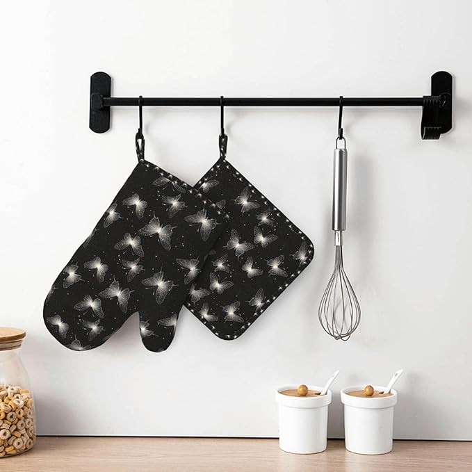 Oven Mitts and Pot Holders Black White Butterfly Silicone Kitchen Accessories Set of 2 Heat Resistant Long Gloves Potholder Non-Slip Grip for Chef Cooking,Baking,Grilling,BBQ