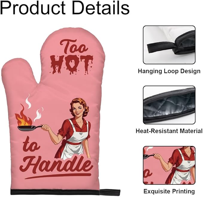 DYJYBMY Too Hot to Handle Funny Vintage Lady Oven Mitts and Pot Holder Set, Sarcastic Kitchen Gadgets for Women Lover, Housewarming Gifts for Chef Baking Lover, Hostess Gifts for Mom Wife Sister BFF