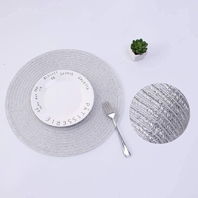 SHACOS Christmas Glitter Silver Placemats Set of 8 Sparkle Bling 15 inch Round Braided Table Mats Washable Place Mats for Dining Table Home Table Decor (Silver, 8)