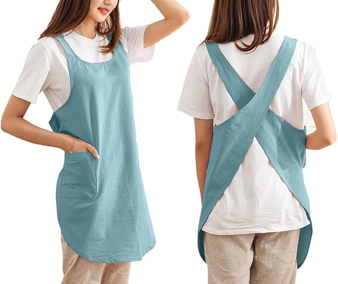 Cotton Cross Back Aprons Solid Color Cooking Kitchen Garden Smock for Women Girls with Pockets