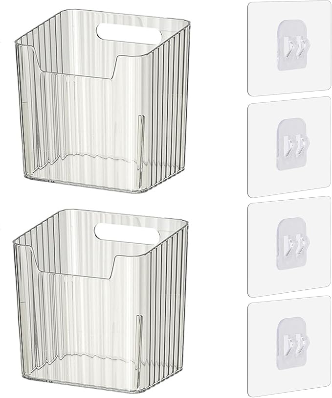 Set of 2 Storage Organizer Bins Wall Mounted Floating Shelves Fridge Organizer Stackable Clear Plastic Storage Bins for Wall, Refrigerator, Kitchen, Bathroom, Countertops, Pantry, BPA Free (Clear)
