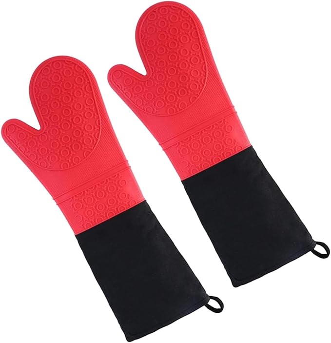 Extra Long Professional Silicone Oven Mitts with Quilted Liner, Durable Heat Resistant Oven Gloves, Heat Resistant Oven Gloves,2pcs (Red, 19.7inch)