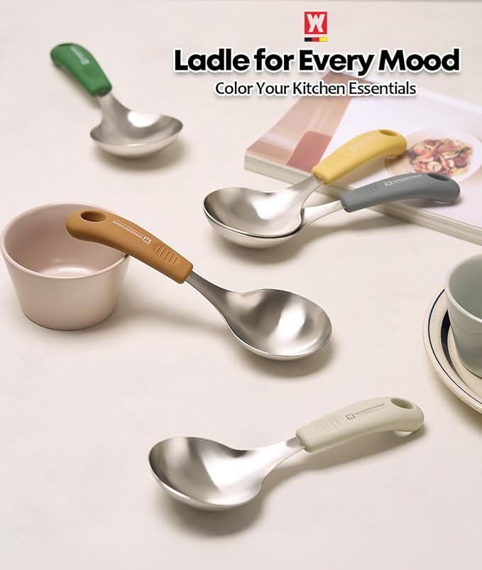 Short Stainless Steel Ladle 220mm (8.6”) – SUS304 Thick Deep Bowl Head with Soft-Grip Silicone Handle – Lightweight Mini Soup & Serving Spoon for Cooking – 5 Color Options (Brown)