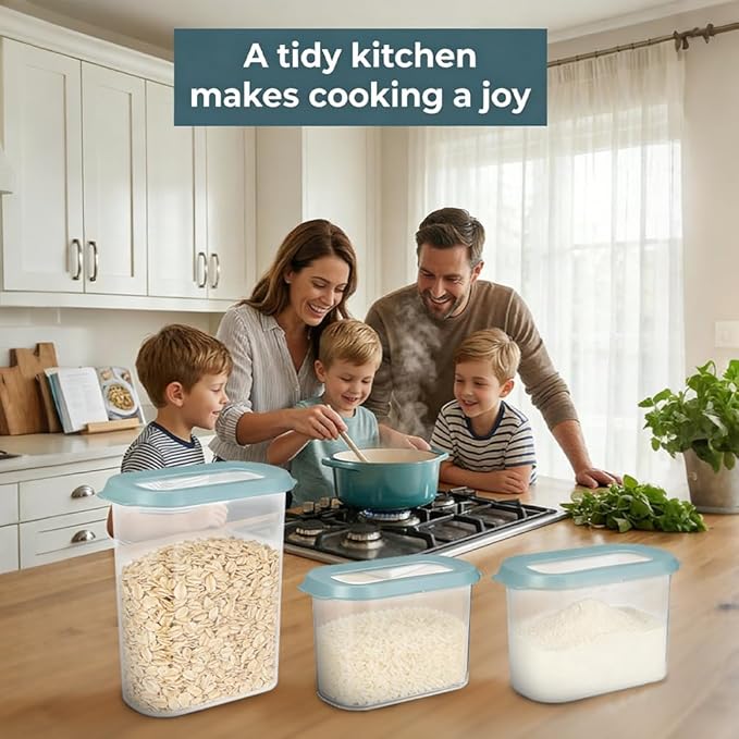 OMIO 5-Piece Airtight Food Storage Containers Set | BPA-Free Plastic Canisters with Easy Snap Lids for Dry Food, Pantry, Kitchen | Organize Cereal, Grains, Snacks, Flour, Sugar