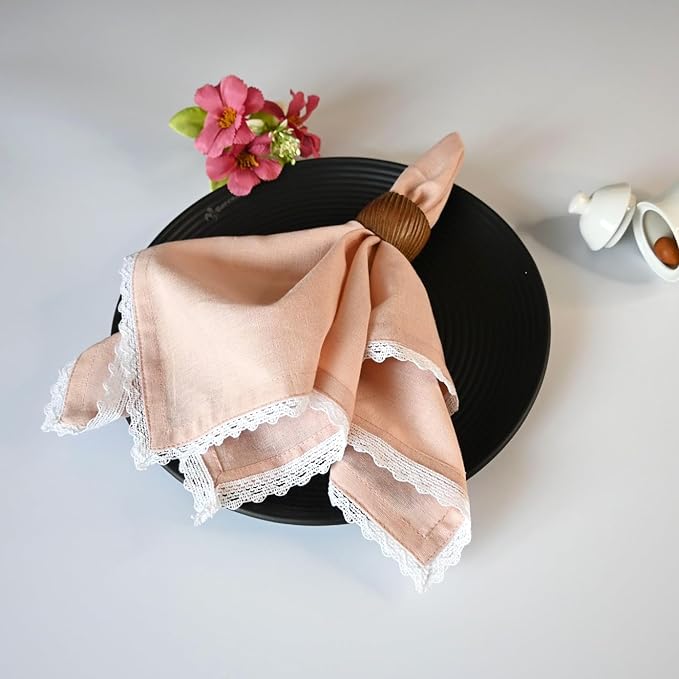 Fingercraft Dinner Cloth Napkin Cotton Linen Set of 12 Mitered Corners with Natural Elegant Lace for Everyday Use Napkins are Pre Shrunk and Good Absorbency with Lace 20x20 in Dusty Pink Easter Color