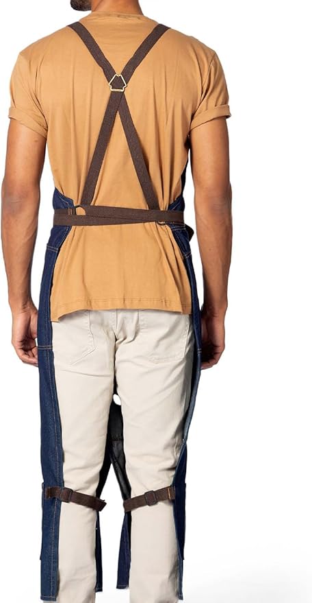 Under NY Sky Pottery Blue Apron – Full Cover Cross-Back, Durable Denim, Leather Reinforcement and Overlapping Split-Leg – Adjustable for Men and Women – Pro Pottery Artist, Mechanics