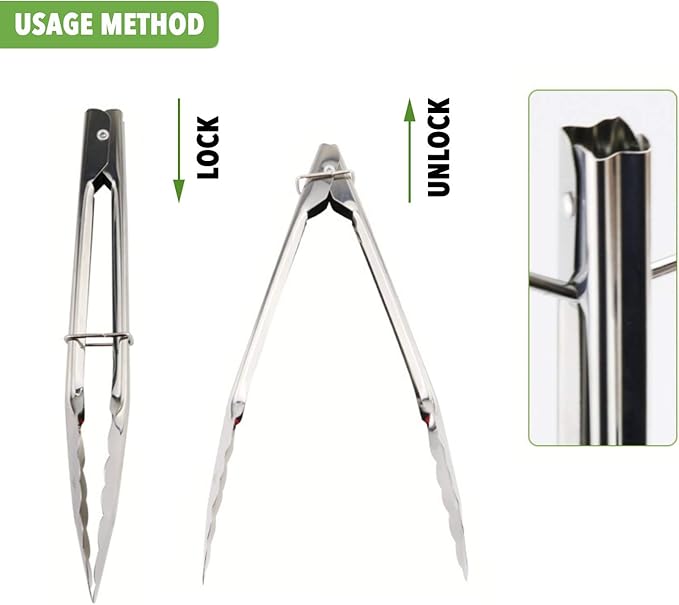 HINMAY Mini Stainless Steel Food Tongs with Silding Rings 7-Inch - Set of 6 - Small Clam Shell Service Tongs for Serving Appetizers, Desserts, Salads, Barbecue and Cooking (Silver)