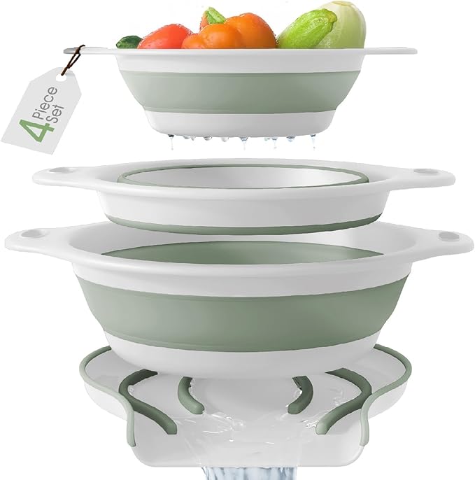 Gevoli Collapsible Colanders (3 Pack Set) Food Strainers with Over-Sink Water Draining Base for Pasta Fruits and Vegetables, White/Sage (3 Sizes, 3QT, 4QT and 5 Quart)