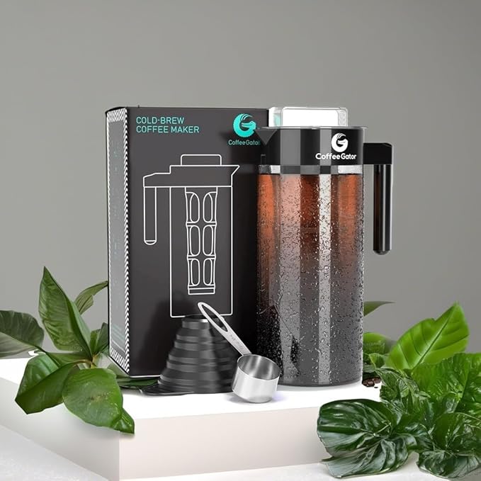Coffee Gator Cold Brew Coffee Maker - 47 oz Iced Tea and Iced Coffee Maker and Pitcher with Borosilicate Glass Carafe, Filter - Black