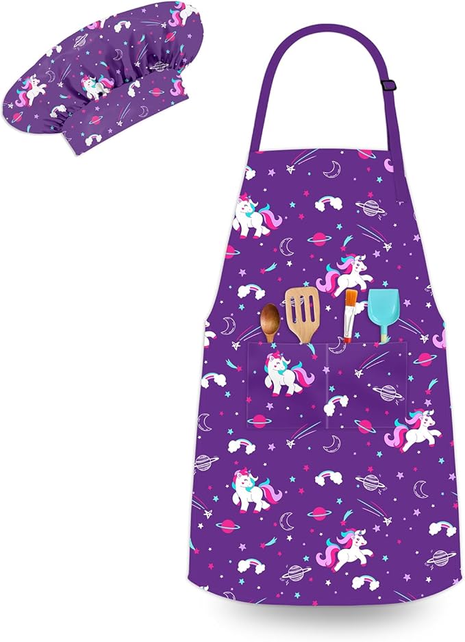 Kids Chef Hat and Apron, Adjustable Kids Aprons with Pocket Girls Boys Kitchen Toddler Aprons for Cooking Baking
