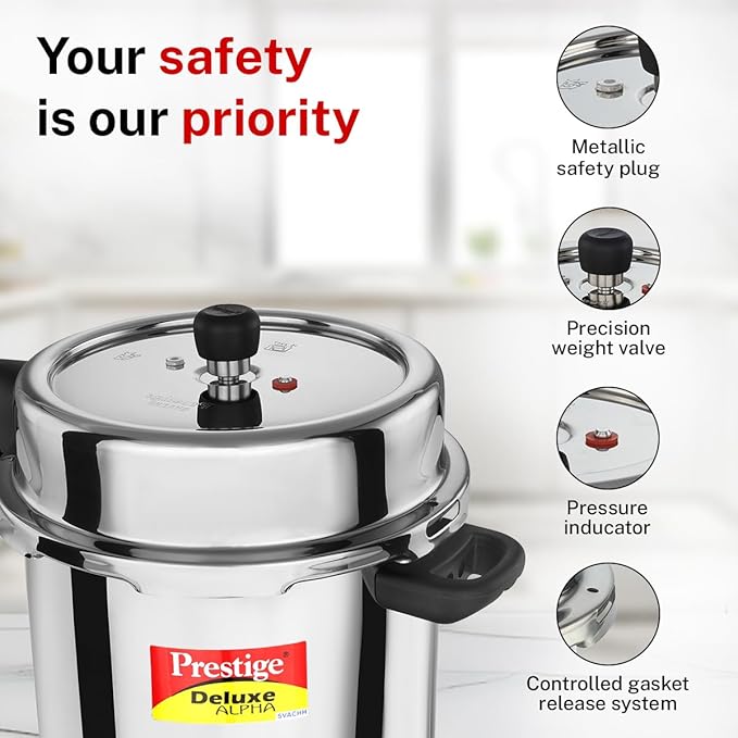 Prestige Deluxe Alpha Svachh Stainless Steel Pressure Cooker with Alpha Base and Deep Lid for Spillage Control, (10 Liter)
