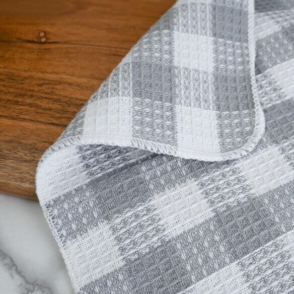 Blue Needles Set of 8 Waffle Weave Check Plaid Dish Cloths, 12x12 Inches 100% Cotton Dish Towels for Kitchen, Ultra Soft & Absorbent Kitchen Towels for Quick Drying Spring Summer - Ash Grey & White