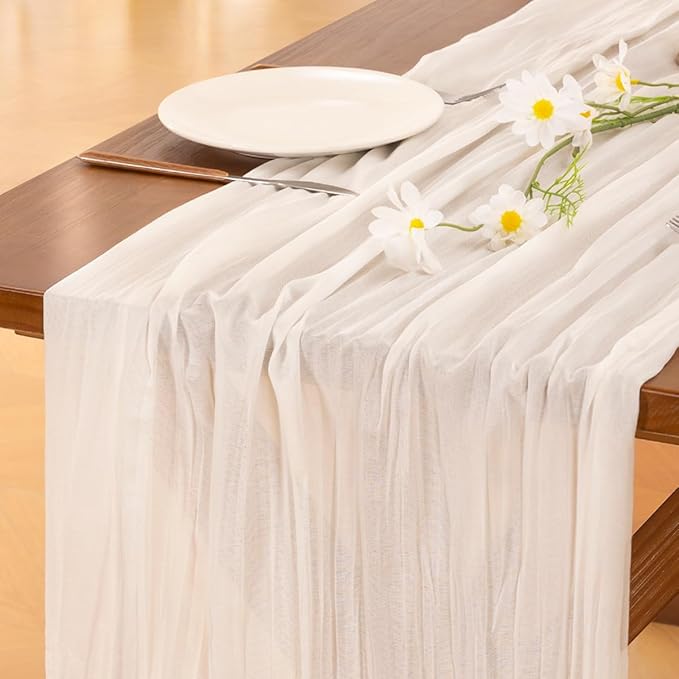 Socomi 6pcs Ivory White Cheesecloth Table Runner Easter Spring Boho Rustic Gauze 120 inch 10FT Cheese Cloth Runner for Wedding Party Baby Shower Birthday Home Decor Holiday Decorations