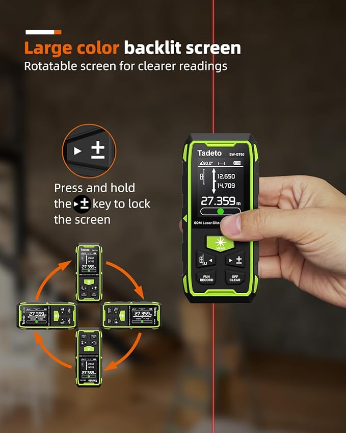 Tadeto Dual Laser Measuring Tool, 393FT/120M Bilateral Laser Measurement Tool Backlit LCD Display, Rechargeable Laser Measure with Ft/in/M Multiple Units Length/Area/Volume/Angle