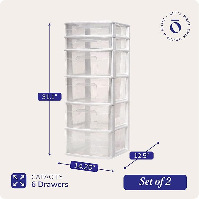 HOMZ 2-Pack Drawer Tower, 6-Tier Clear Plastic Storage Organizer Unit, White Frame - Multi-Purpose Container Drawers for Bedroom, Bathroom, and Office Organization