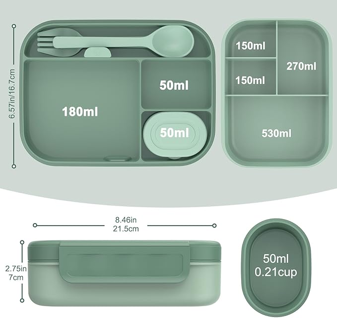 Caperci Stackable Bento Lunch Box for Adult & Teens - Reinforced Leak-Proof Lunch Container 4-Compartment with Utensils & Sauce Container, BPA-Free, Dishwasher/Microwave Safe, 47oz (Khaki Green)