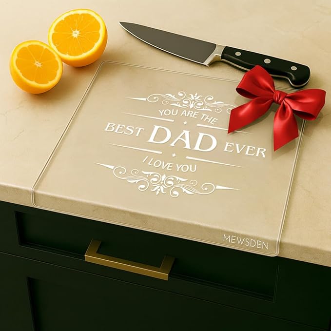 Dad Gifts from Daughter Son - Engraved Best Dad Ever Acrylic Cutting Board with Counter Lip, Cooking Gift for Father Daddy Christmas Birthday Presents Clear Countertop Protector Kitchen Decor