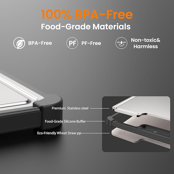 Premium 316 Stainless Steel Cutting Board for Kitchen Extra Large 16.9" x 11.8" Best Non-Toxic Chopping Board for Meat Food-Grade Metal & Eco-Friendly Wheat Straw Dual-Sided Healthy Kitchen Essential