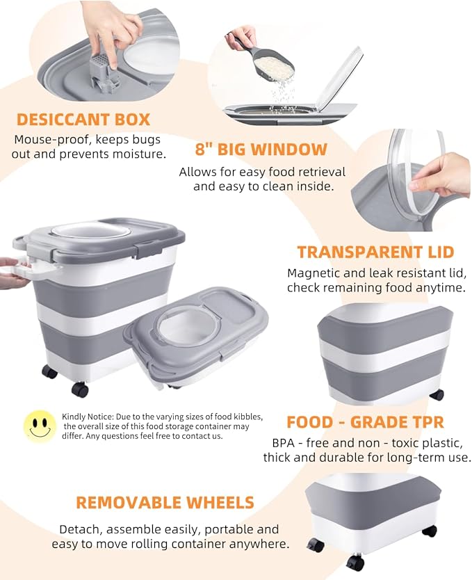 HOYTAMDAR 25-28lbs Dog Food Storage Container, Collapsible Dog Food Container, Wheels, Handle, Airtight Pet Food Storage Container, Scoop, Small Dry Container For Dog Cat Bird Food
