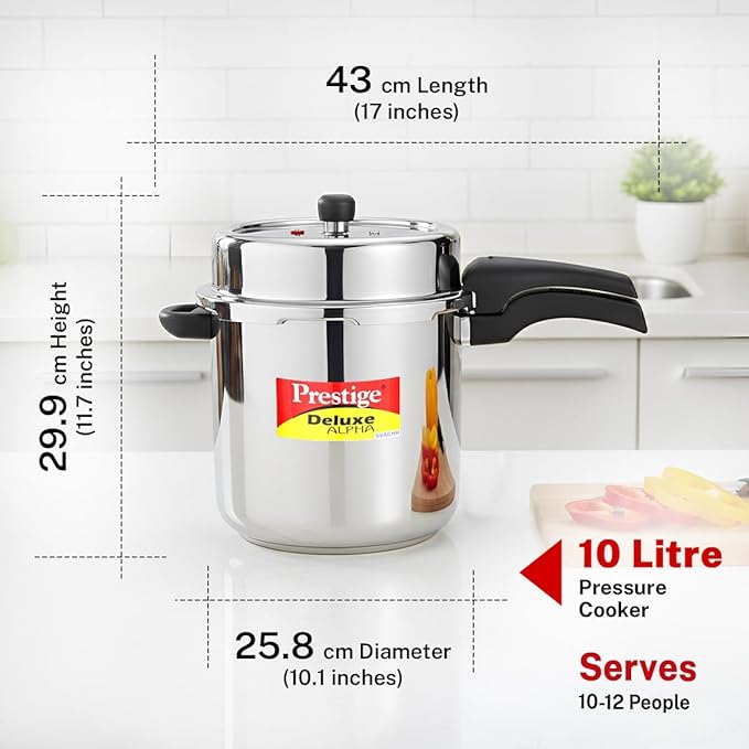 Prestige Deluxe Alpha Svachh Stainless Steel Pressure Cooker with Alpha Base and Deep Lid for Spillage Control, (10 Liter)