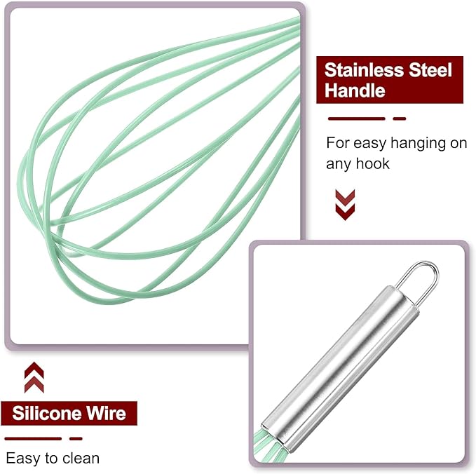 HARFINGTON 5Pcs Silicone Whisk 12" Kitchen Whisk Wire Whisks Beater with Stainless Steel Handle for Egg Milk Whisking Blending Beating & Stirring, Green
