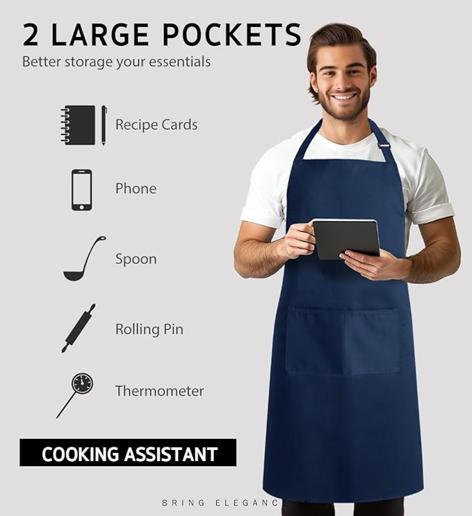 Syntus Apron for Men Women, Adjustable Cooking Kitchen Chef Aprons with 2 Pockets, Cotton/Polycotton/Polyester