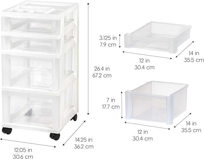 IRIS USA Plastic Drawer Storage Organizer Rolling Cart, with Wheels Casters, 4-Drawers, for Classroom Art Craft Supplies Dresser Closet Bathroom Laundry Room, White/Clear