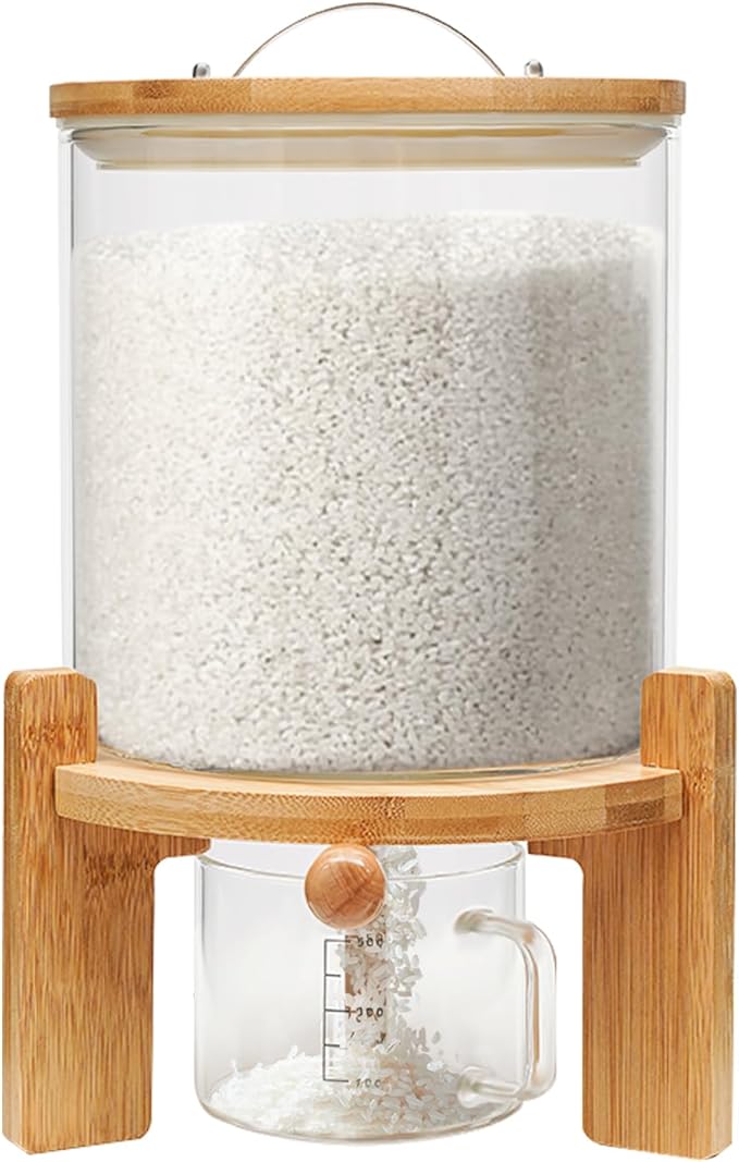5L Cereal Dispenser, Bamboo Grain Storage Barrel with Sealed Lid and Wooden Stand, Cereal Container for Pantry Organization and Storage (5L)