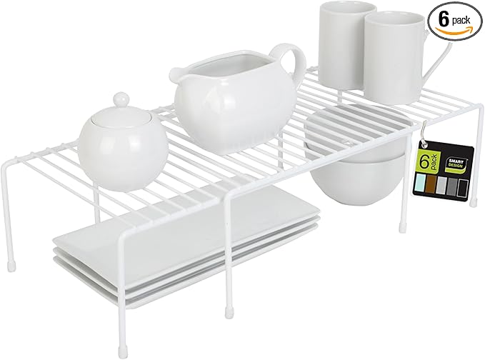 Smart Design Expandable Storage Rack - Set of 6 - Metal Wire - Kitchen Counter, Bathroom Medicine Organizer, Dish, Plate Display Shelf, Sink Cabinet, Spice Pantry - 16 x 32.5 - White