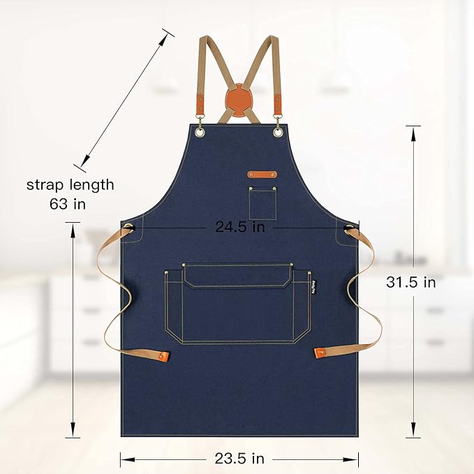 Chef Apron with Cross Back Straps for Men Women, Cotton Canvas Apron for Artists Painting, Kitchen Cooking