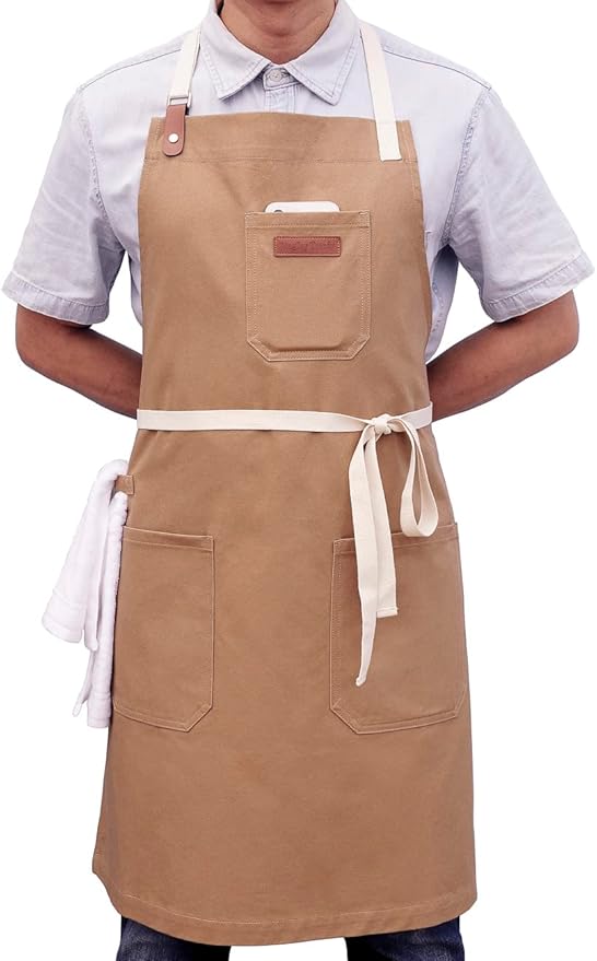 Kitchen Apron with Pockets, Professional Chef Bib Apron for Cooking Grill BBQ Baking Server, with Pockets Towel Loop and Adjustable Neck Straps for Men Women