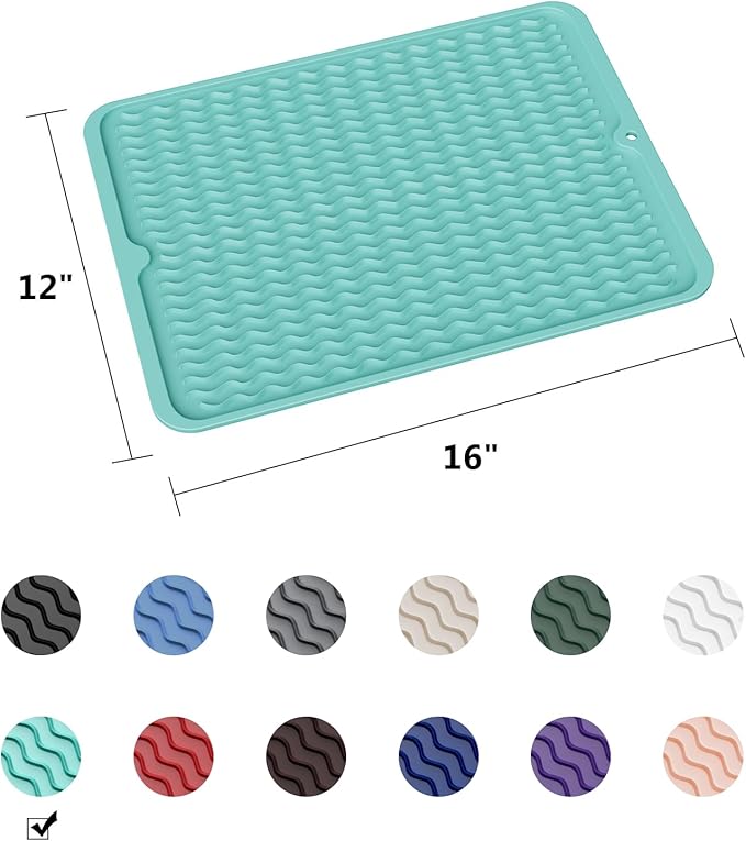 ZLR Silicone Dish Drying Mat & Heat Resistant Trivet (12" x 16") - Waterproof Counter Protector for Air Fryer, Coffee Maker - Non-Slip, BPA Free Kitchen Pad, Easy Clean Dishwasher Safe (Mint Green)