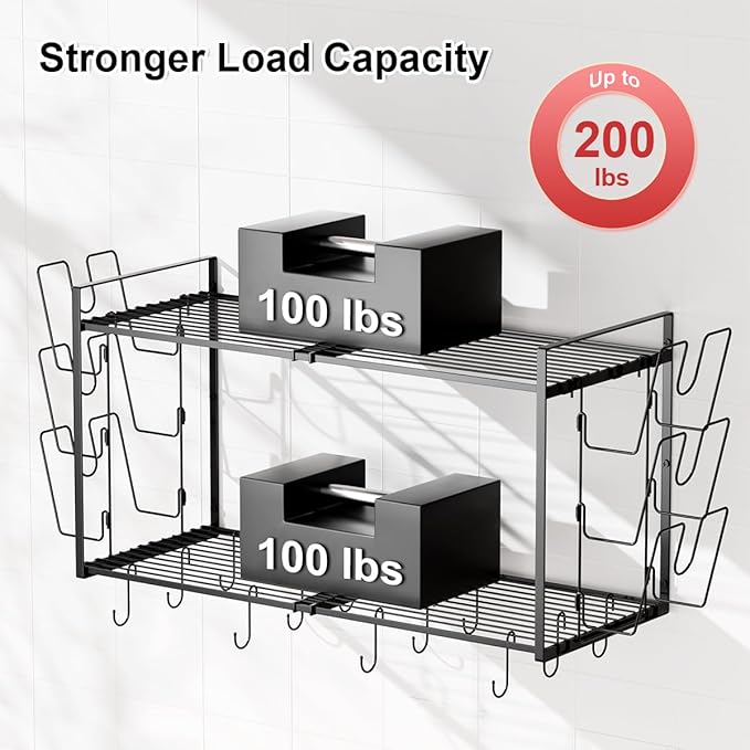 31 Inch Pot Rack Wall Mounted, 2-Tier Hanging Pots and Pans Organizer Expandable Heavy Duty Kitchen Shelves with 6 Pot Lid Holders and 12 Hooks for Kitchen Cookware Utensils Storage