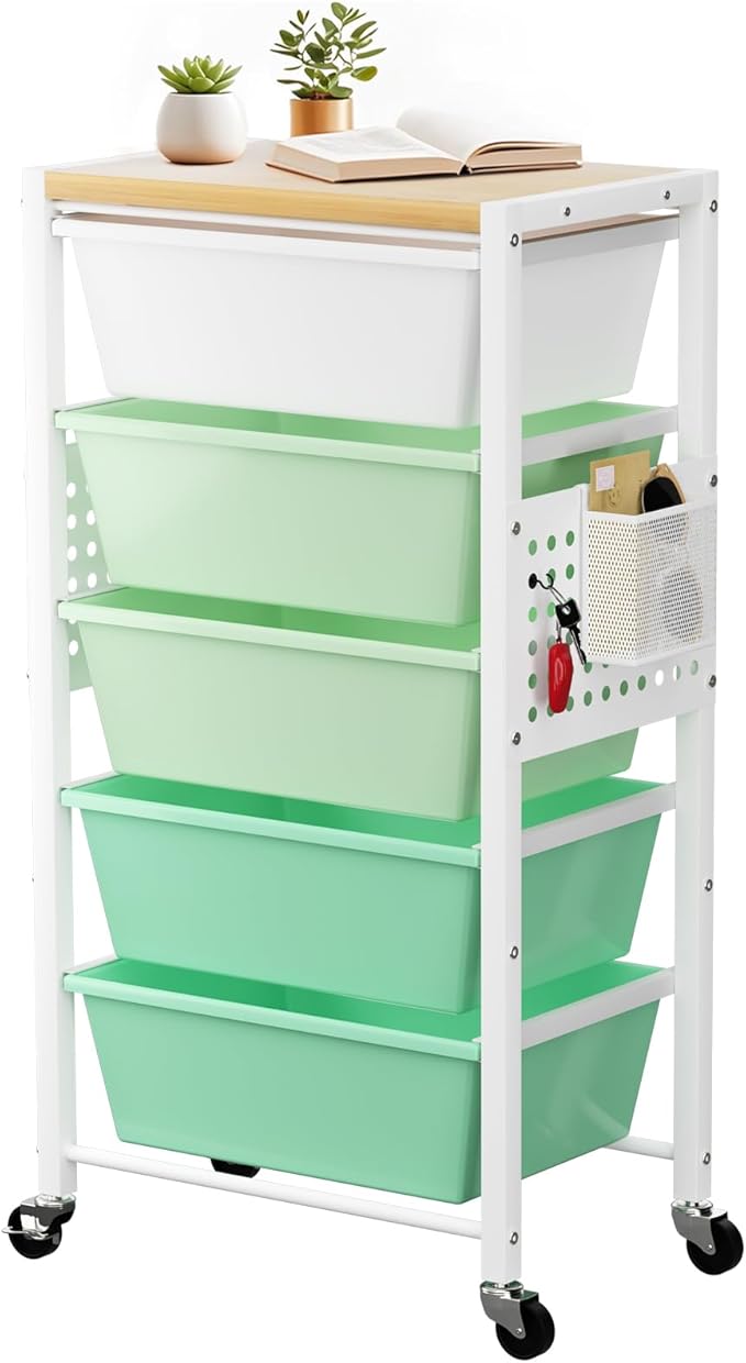 Rolling Cart with 5 Drawers, Plastic Drawer Storage Carts with Wheels & Wooden Tabletop, Metal Utility Cart with Pegboards, Office Living Room Classroom Craft Organization and Storage, Bright Green