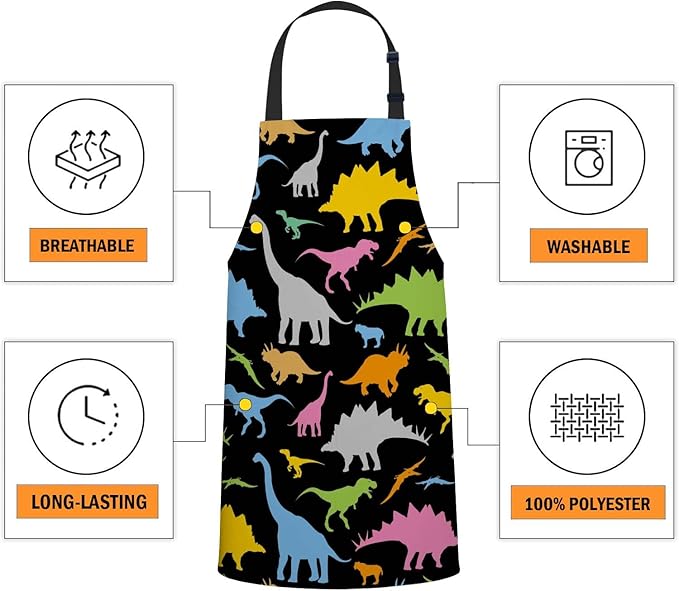 oFloral Colorful Dinosaur Apron Adjustable Apron Cooking Kitchen Chef Women Men Aprons for Home Kitchen, Restaurant, Coffee House, Baking Gardening BBQ