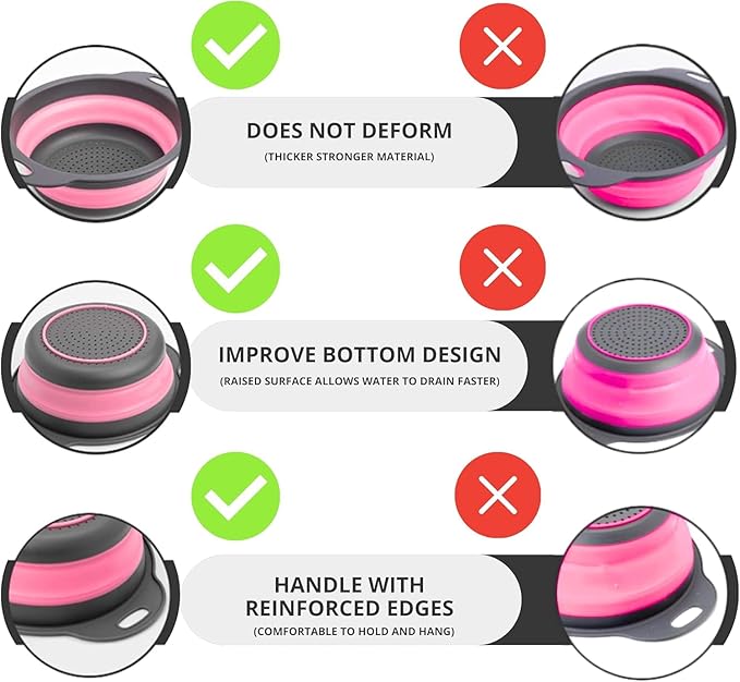 Pink Round Silicone Collapsible Colander – Small Silicone Round Kitchen Strainers with Plastic Handles Foldable Kitchen Strainer Perfect for Draining Pasta Vegetable and Fruit