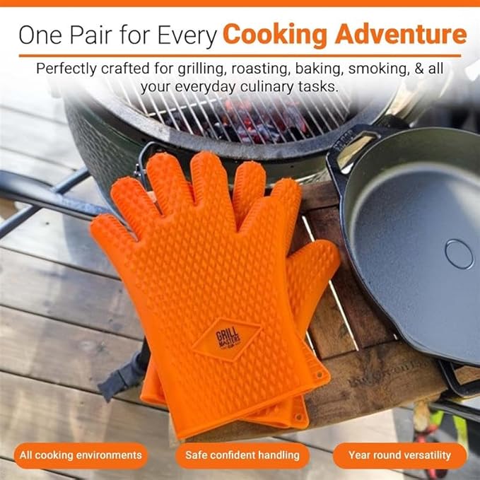 Grill Masters Club Silicone Gloves Heat Resistant for BBQ & Cooking – Heat Resistant Kitchen Gloves, Silicone Mitts & Grill Mitts for Outdoor Grill BBQ (Dishwasher Safe, Heat Safe to 446°F)