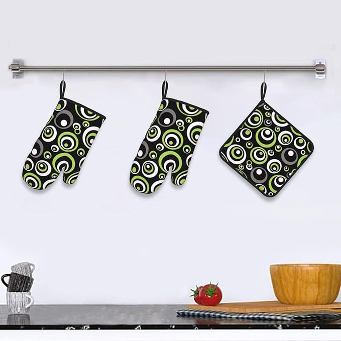 Black Green Retro - Geometric Oven Mitts and Pot Holders Set of 3, Non-Slip Heat Resistant Green and Black White Circle Pattern Kitchen Gloves for Cooking Baking Grilling, Gift for Women, Home Decor