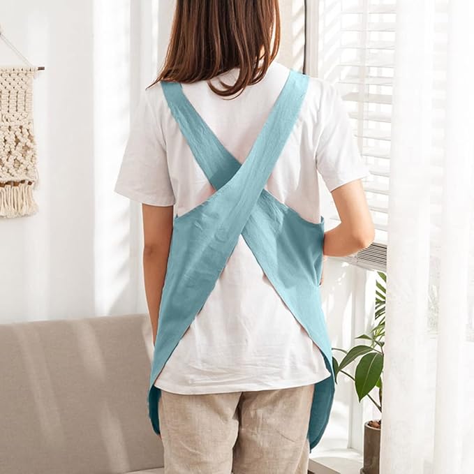 Cotton Cross Back Aprons Solid Color Cooking Kitchen Garden Smock for Women Girls with Pockets