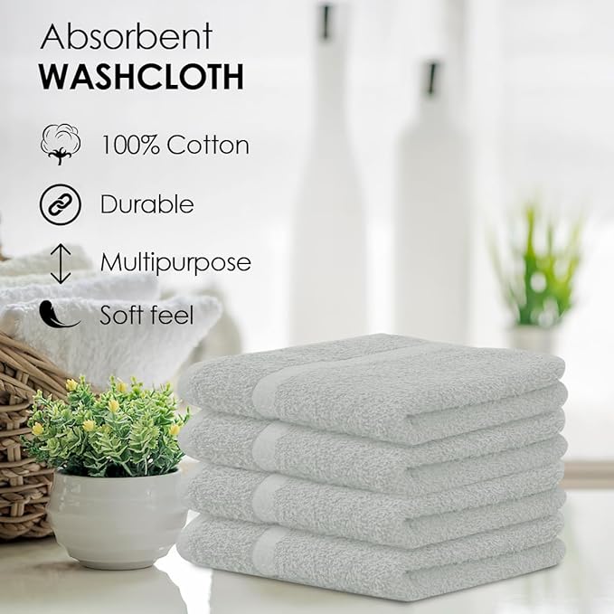 Avalon Towels Cotton Washcloths 24-Pack – 12 x 12 Inch Silver Super Soft & Absorbent Ring-Spun Cotton Wash Cloths for Face, Bath, Spa, Gym, Hotel & Cleaning